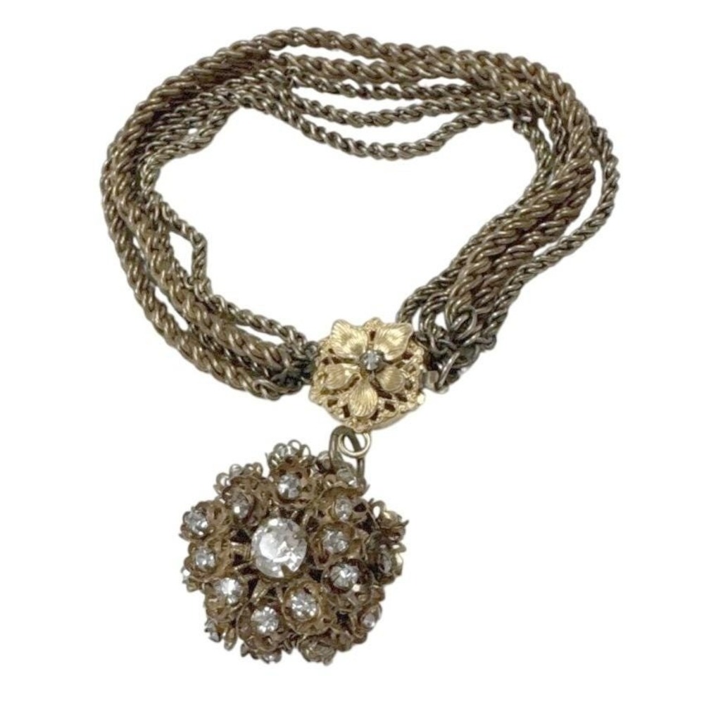Miriam Haskell Multi Strand Chain Bracelet  Crystal Cluster Pendant